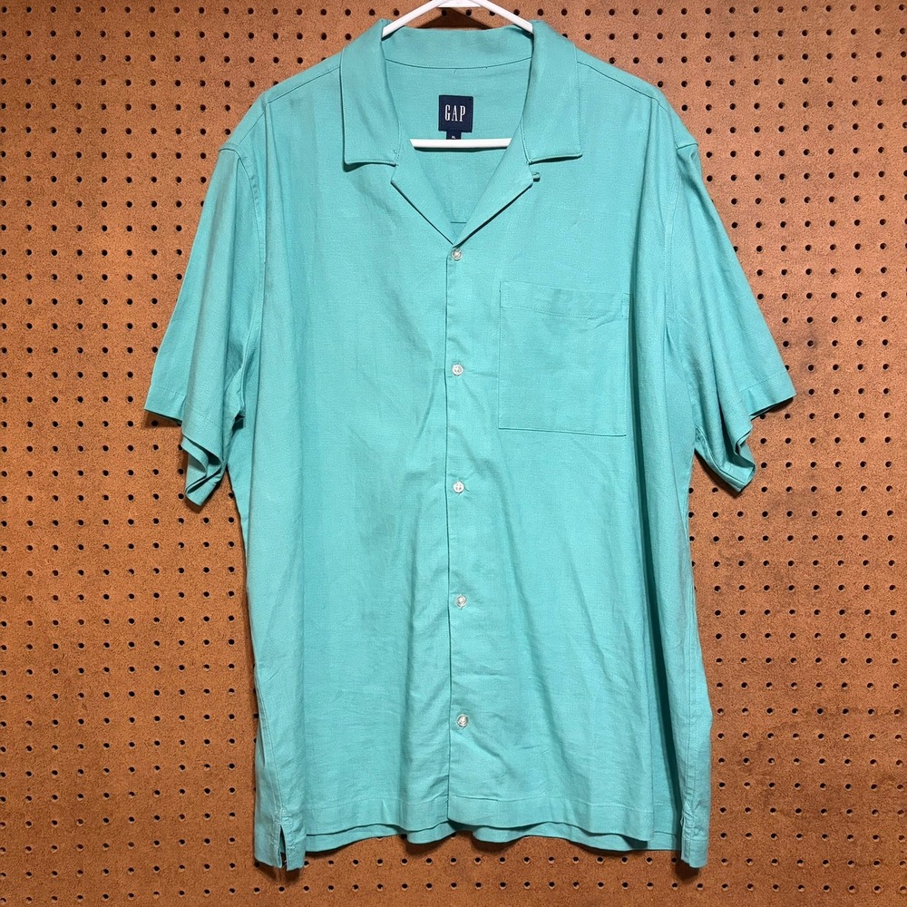 GAP Button Front Shirt XL Turquoise Linen Blend Short Sleeve Camp Collar Casual